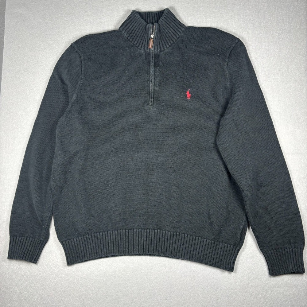 Vintage Polo Ralph Lauren Mens Black 1/4 Zip Pullover Sweater Size XL Red Pony